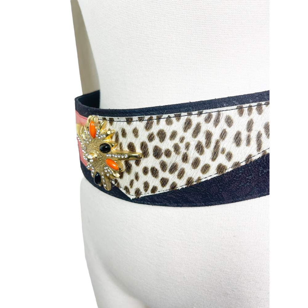 Leo Isba Vintage 1980's Suede Patchwork Jeweled Leopard Waist Cincher Belt - Picture 5 of 8